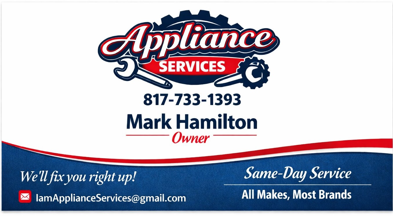 Appliance Services business card for Mark Hamilton with phone number 817-733-1393 and email