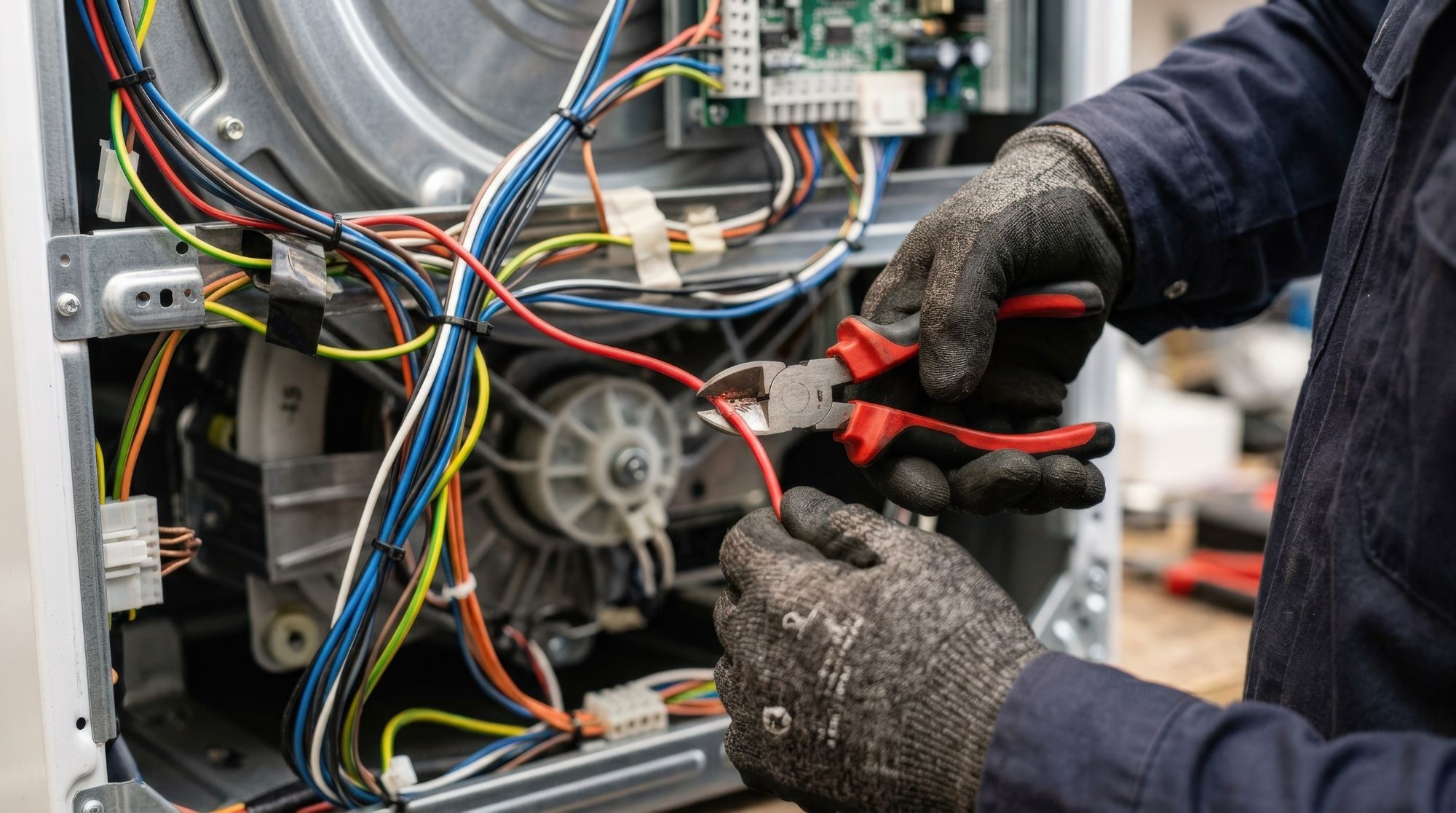 Technician in work gloves using pliers to strip electrical wires inside appliance